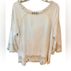 SpiaggiaDolce Sz S Beige Boho Embroidered Lace Angel Sleeves Relaxed Fit Top